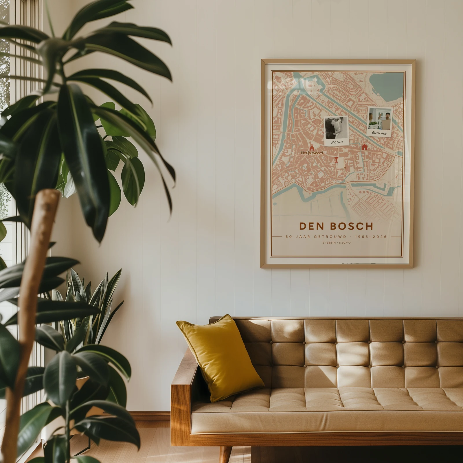 Voorbeeld: de poster van Den Bosch met twee polaroids, in een lijst boven een bank
