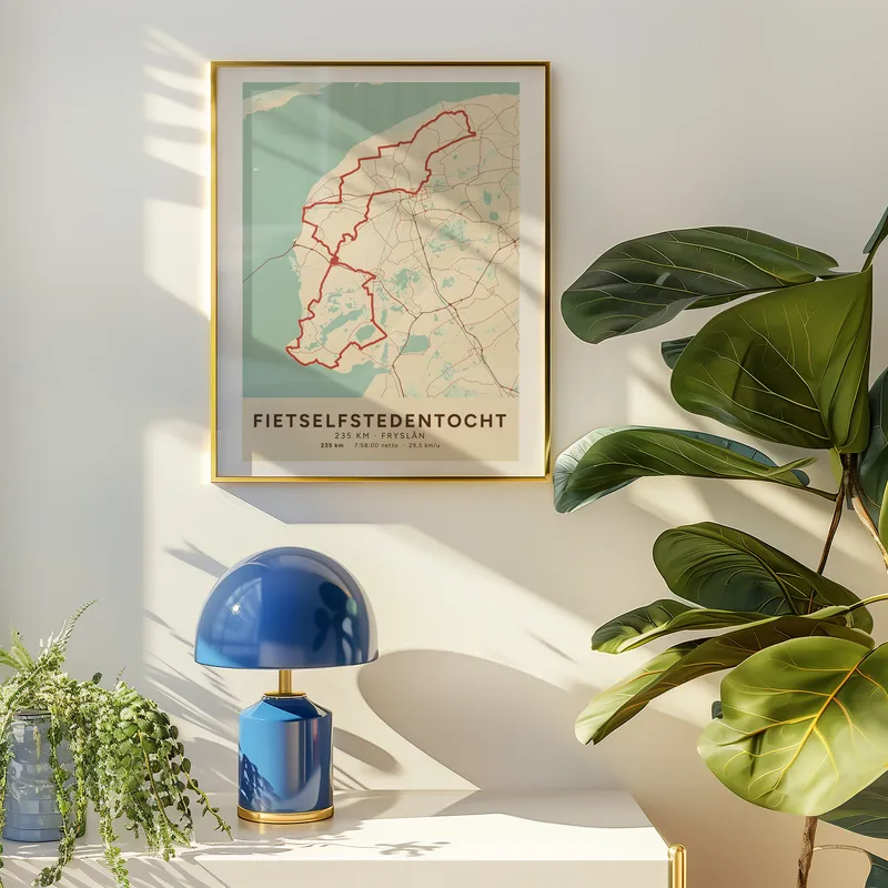 Routeposter van de Fietselfstedentocht in een kamer, boven een blauwe lamp en een vijgenplant