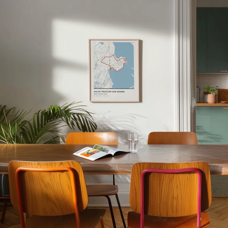 Routeposter van de Halve triatlon van Hoorn in een kamer, boven een eettafel met oranje stoelen