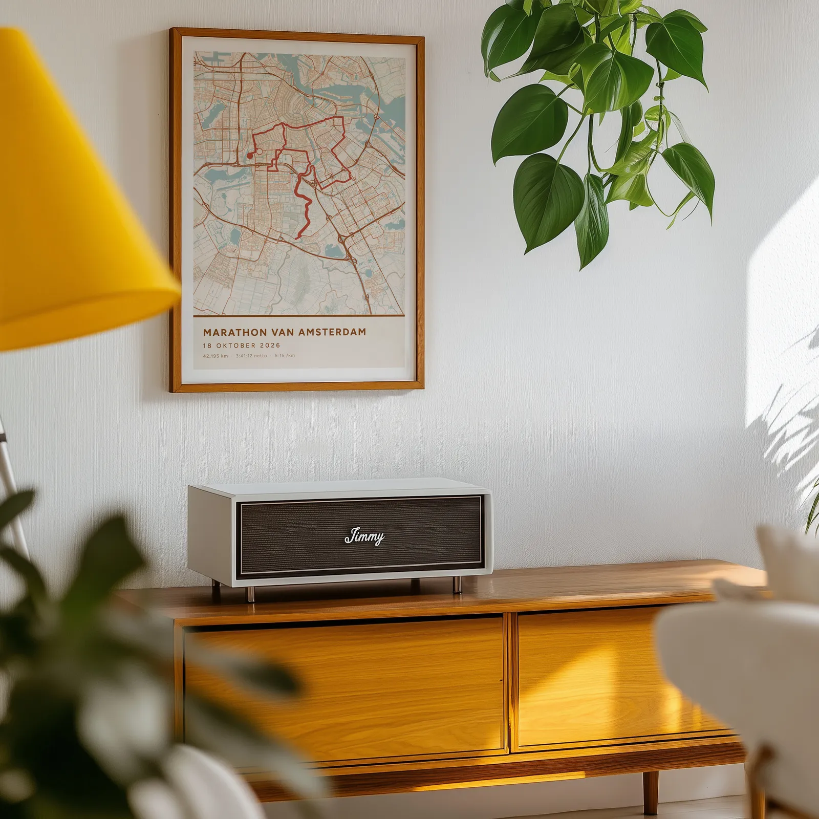 De poster van de Marathon van Amsterdam op 50 bij 70 cm, aan de muur, boven een kast
