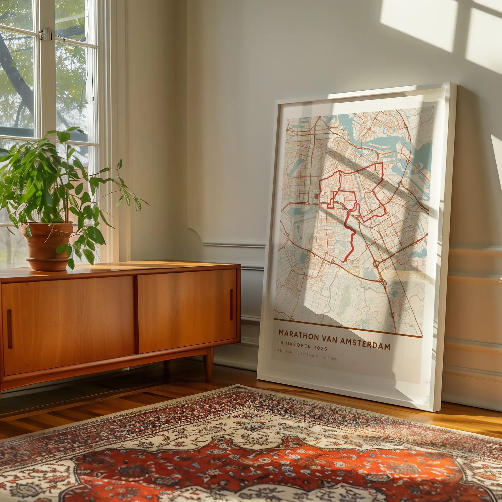 De poster van de Marathon van Amsterdam op 70 bij 100 cm, groot, op de vloer tegen de muur