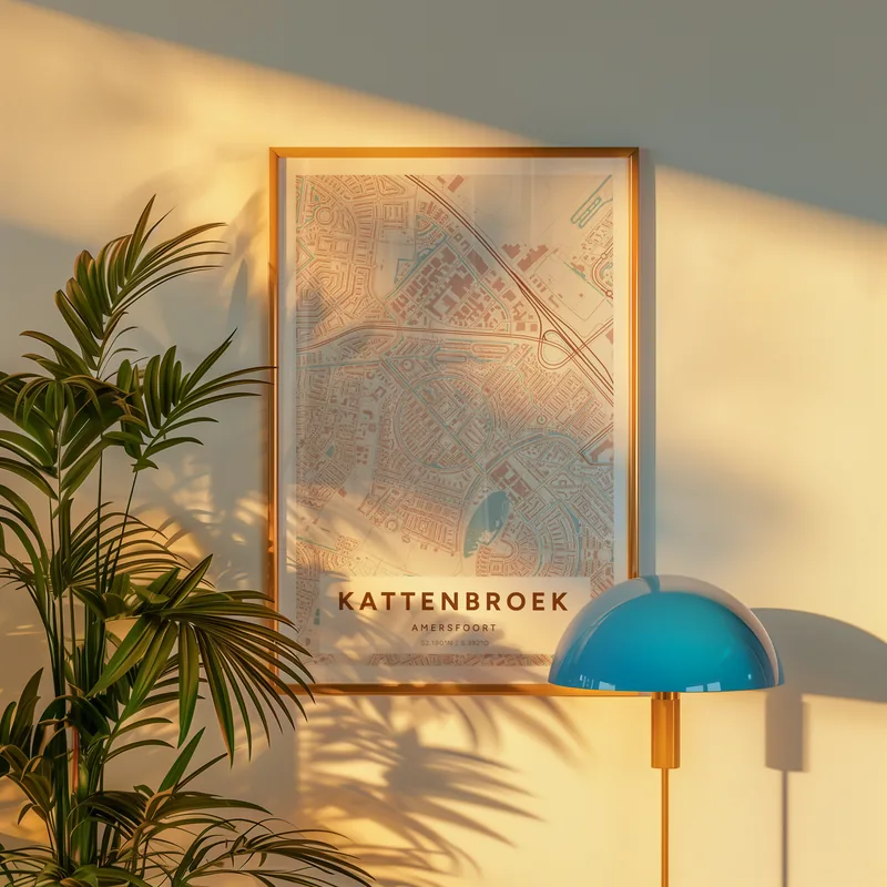 Naast een palm en een blauwe lamp: de poster Kattenbroek in Terracotta in een voorbeeldkamer