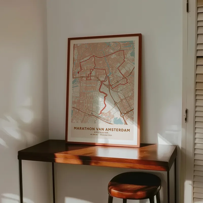 Marathon van Amsterdam: poster in Terracotta, in een voorbeeldkamer, met de route als lijn over de kaart