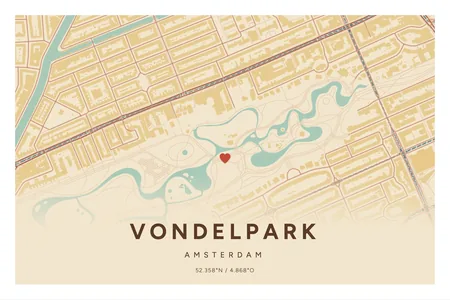 Vondelpark, Amsterdam: poster in Nautisch, indeling Verloop, 40 × 60 liggend, met een hart op de plek