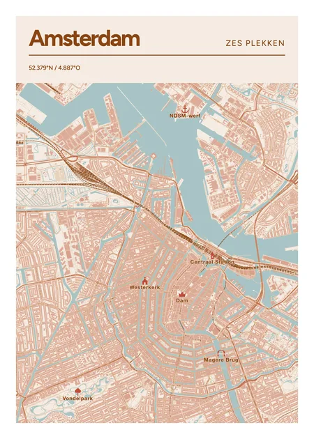 Amsterdam: poster in Terracotta, met 6 plekken gemarkeerd: Dam, Centraal Station, Magere Brug, Vondelpark, Westerkerk, NDSM-werf