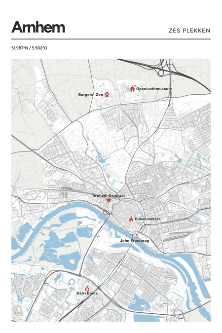 Arnhem: poster in Steen, met 6 plekken gemarkeerd: Eusebiuskerk, John Frostbrug, Burgers' Zoo, Nederlands Openluchtmuseum, Arnhem Centraal, GelreDome