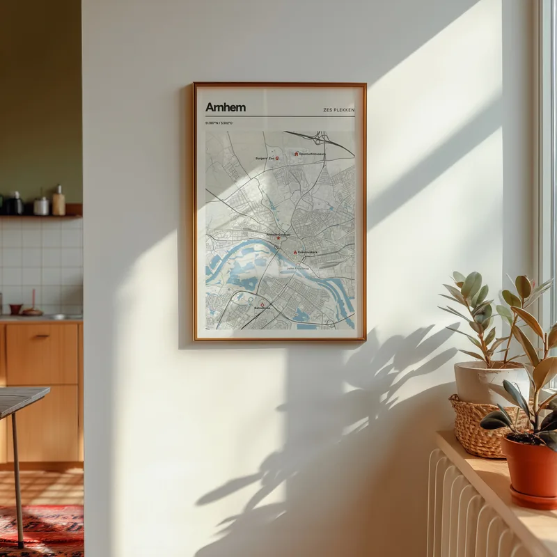Arnhem: poster in Steen, met 6 plekken gemarkeerd: Eusebiuskerk, John Frostbrug, Burgers' Zoo, Nederlands Openluchtmuseum, Arnhem Centraal, GelreDome, in een voorbeeldkamer