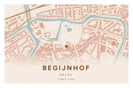 Begijnhof, Breda: poster in Terracotta, indeling Verloop, 40 × 60 liggend, met een hart op de plek