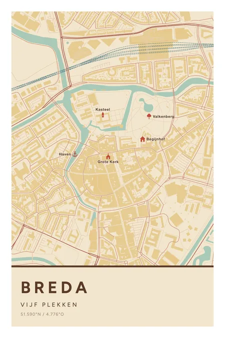 Breda: poster in Nautisch, met 5 plekken gemarkeerd: Grote Kerk, Kasteel van Breda, Park Valkenberg, Haven en Spanjaardsgat, Begijnhof