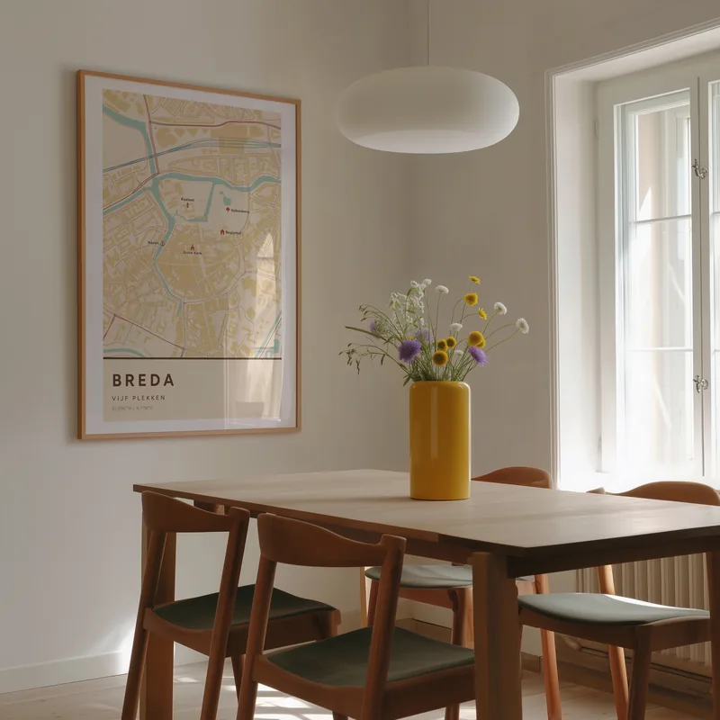 Breda: poster in Nautisch, met 5 plekken gemarkeerd: Grote Kerk, Kasteel van Breda, Park Valkenberg, Haven en Spanjaardsgat, Begijnhof, in een voorbeeldkamer