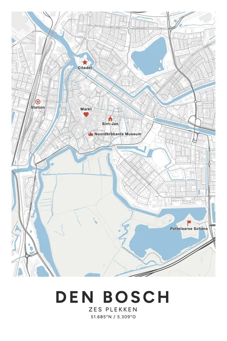 Den Bosch: poster in Steen, met 6 plekken gemarkeerd: Sint-Janskathedraal, Markt, Citadel, Het Noordbrabants Museum, Pettelaarse Schans, Station Den Bosch