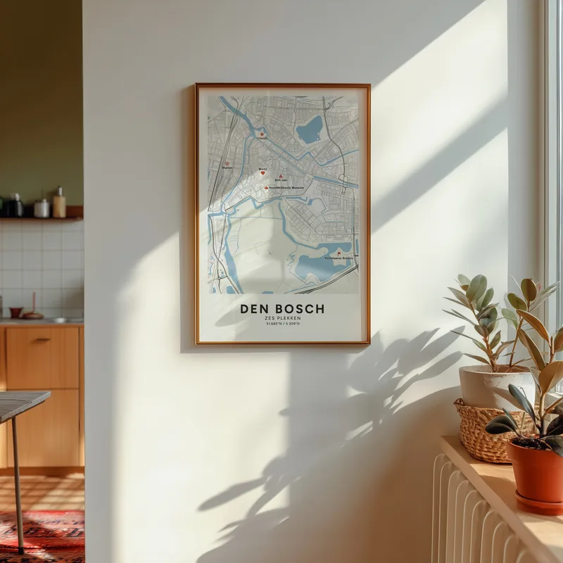 Den Bosch: poster in Steen, met 6 plekken gemarkeerd: Sint-Janskathedraal, Markt, Citadel, Het Noordbrabants Museum, Pettelaarse Schans, Station Den Bosch, in een voorbeeldkamer