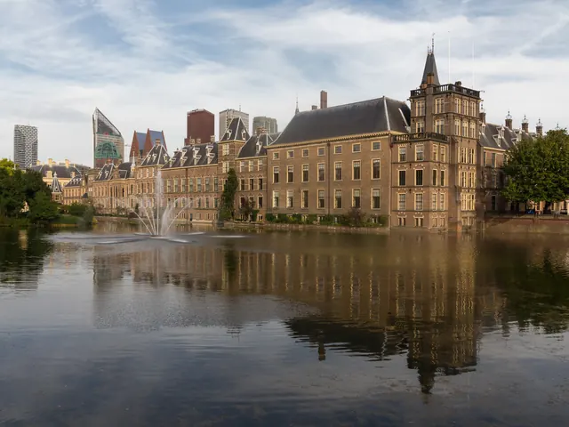 Het Binnenhof gezien over de Hofvijver, met de fontein en de torens van het centrum erachter