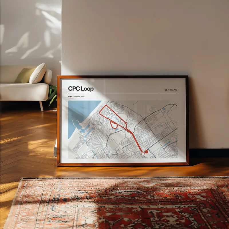 CPC Loop, 10 km: poster in Steen, in een voorbeeldkamer, met de route als lijn over de kaart