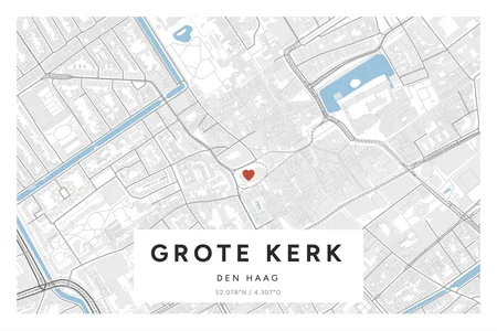 Grote of Sint-Jacobskerk, Den Haag: poster in Steen, indeling Etiket, 40 × 60 liggend, met een hart op de plek