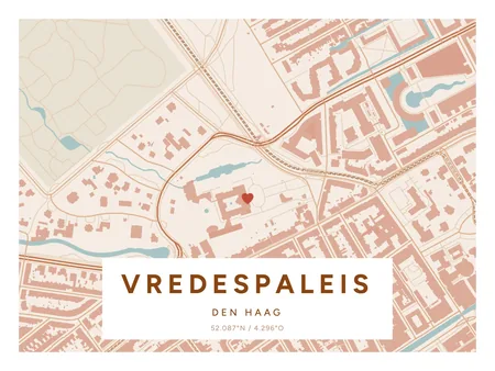 Vredespaleis, Den Haag: poster in Terracotta, indeling Etiket, 30 × 40 liggend, met een hart op de plek