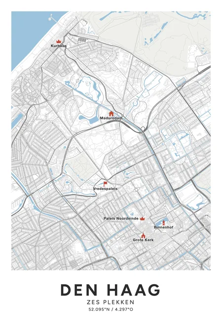 Den Haag: poster in Steen, met 6 plekken gemarkeerd: Binnenhof, Kurhaus, Vredespaleis, Paleis Noordeinde, Grote of Sint-Jacobskerk, Madurodam