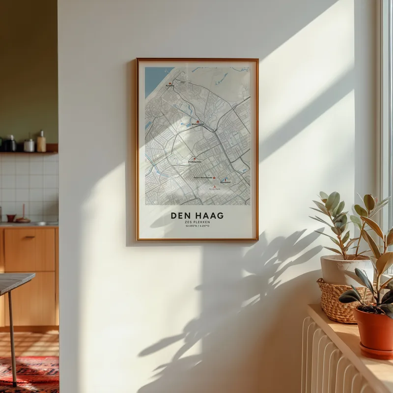Den Haag: poster in Steen, met 6 plekken gemarkeerd: Binnenhof, Kurhaus, Vredespaleis, Paleis Noordeinde, Grote of Sint-Jacobskerk, Madurodam, in een voorbeeldkamer