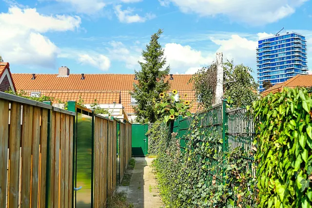 Een achterpad met schuttingen en schuurtjes bij de Hubertusstraat in Philipsdorp