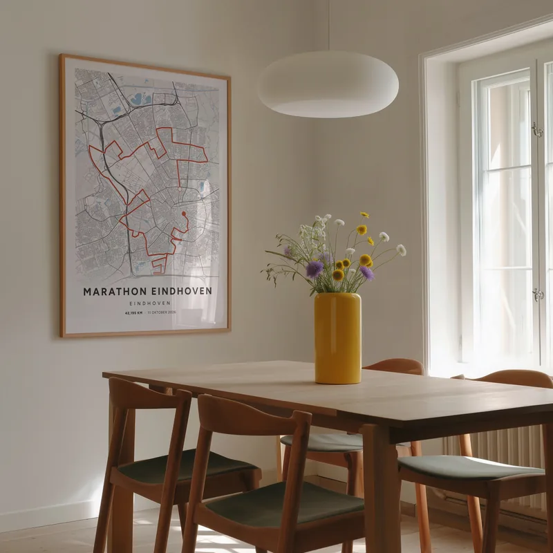 Marathon Eindhoven: poster in Steen, in een voorbeeldkamer, met de route als lijn over de kaart