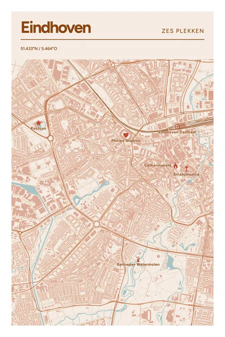 Eindhoven: poster in Terracotta, met 6 plekken gemarkeerd: Philips Stadion, Evoluon, Catharinakerk, Stratumseind, Genneper Watermolen, Eindhoven Centraal