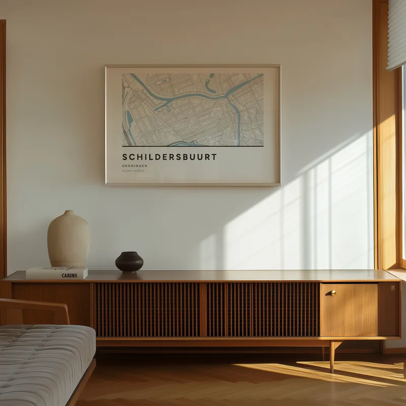 Boven een houten dressoir met twee vazen: de poster Schildersbuurt in Steen in een voorbeeldkamer