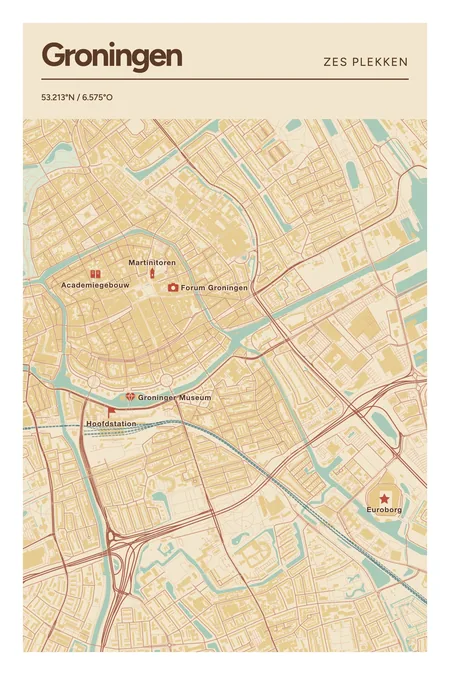 Groningen: poster in Nautisch, met 6 plekken gemarkeerd: Martinitoren, Groninger Museum, Hoofdstation, Academiegebouw, Forum Groningen, Euroborg