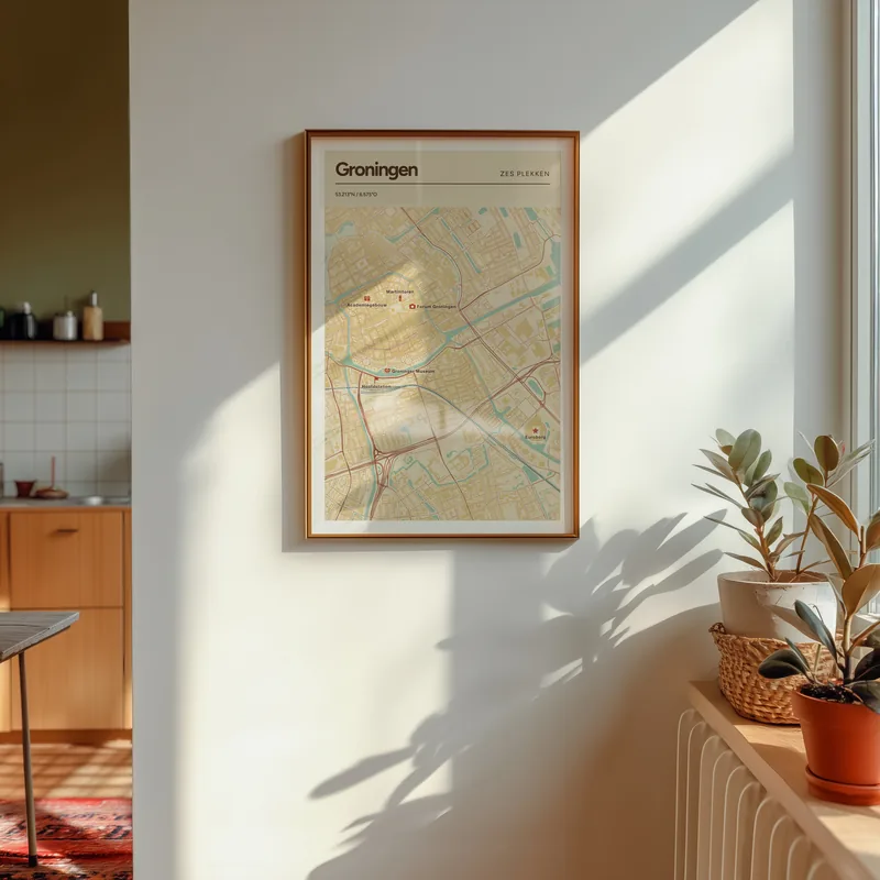 Groningen: poster in Nautisch, met 6 plekken gemarkeerd: Martinitoren, Groninger Museum, Hoofdstation, Academiegebouw, Forum Groningen, Euroborg, in een voorbeeldkamer
