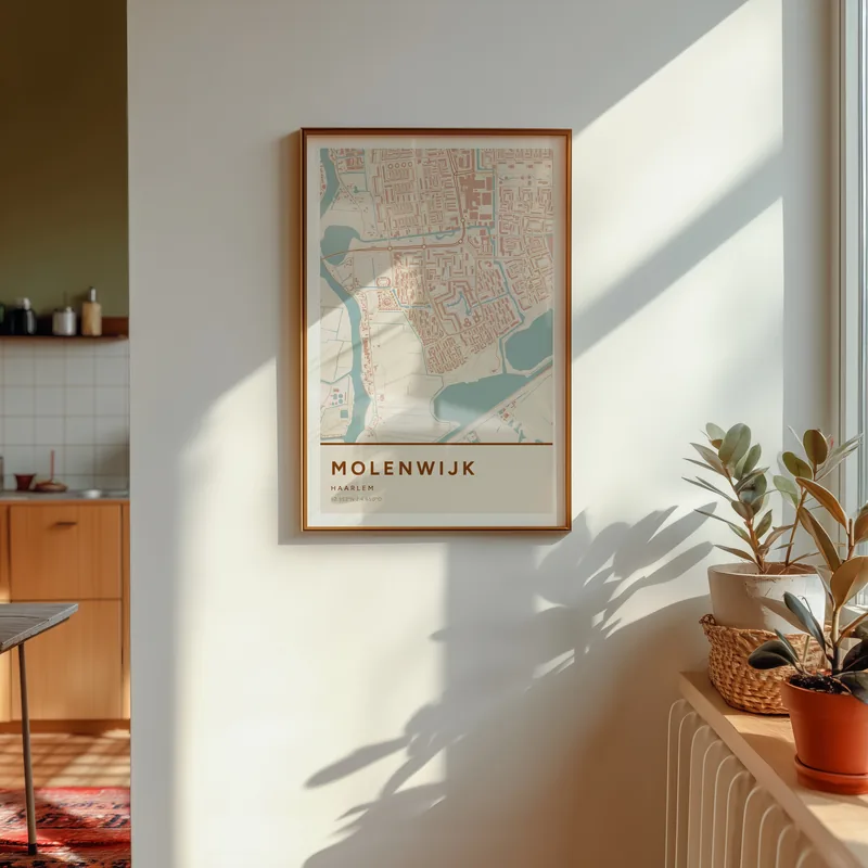 Molenwijk, Haarlem: poster in Terracotta, in een voorbeeldkamer
