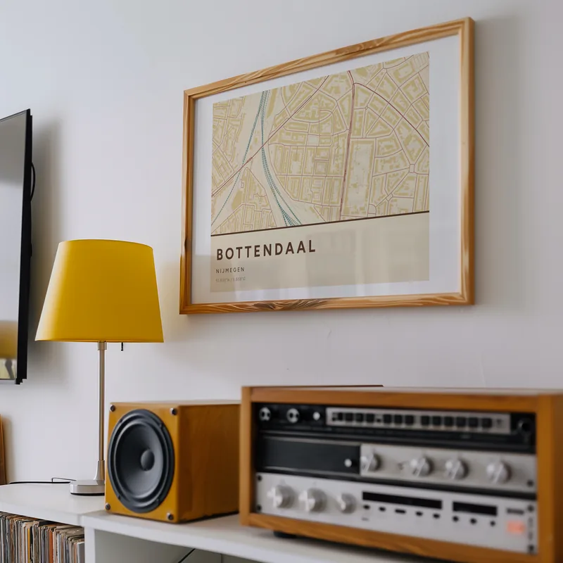 Aan de muur boven een oude versterker en een gele lamp: de poster Bottendaal in Nautisch in een voorbeeldkamer