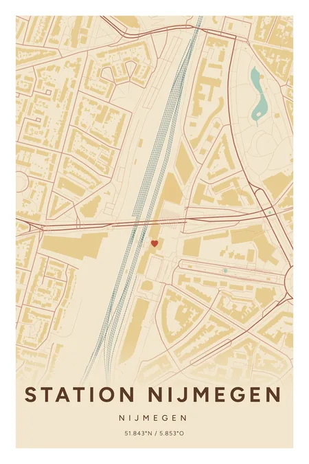 Station Nijmegen, Nijmegen: poster in Nautisch, indeling Verloop, 20 × 30, met een hart op de plek