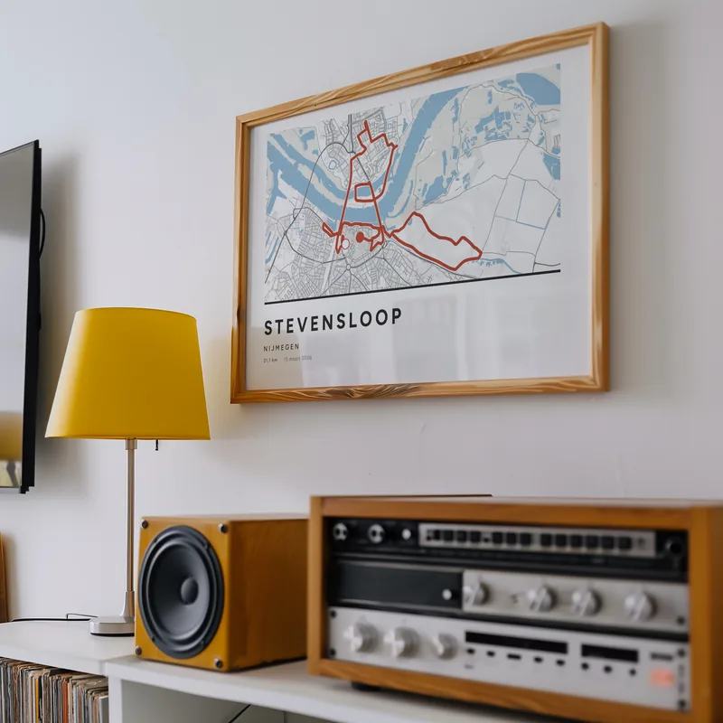 Stevensloop: poster in Steen, in een voorbeeldkamer, met de route als lijn over de kaart
