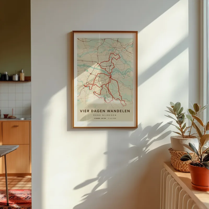 Vier dagen wandelen rond Nijmegen: poster in Nautisch, in een voorbeeldkamer, met de route als lijn over de kaart