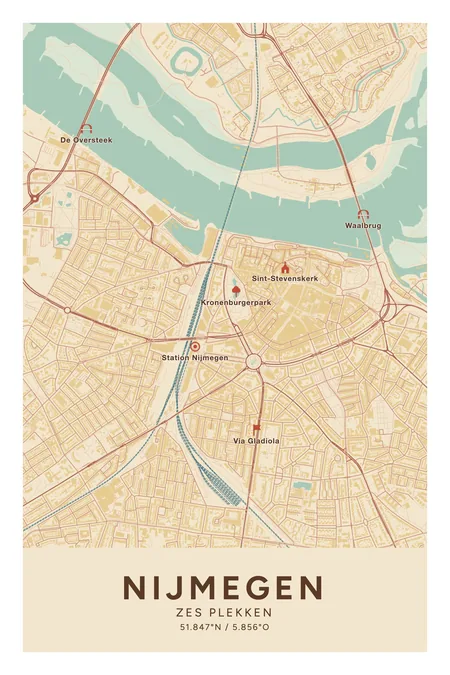 Nijmegen: poster in Nautisch, met 6 plekken gemarkeerd: Sint-Stevenskerk, Waalbrug, De Oversteek, Kronenburgerpark en Kruittoren, Sint Annastraat (Via Gladiola), Station Nijmegen