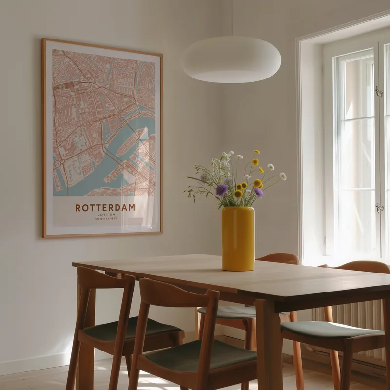 Boven een eettafel met een gele vaas: de poster Centrum in Terracotta in een voorbeeldkamer