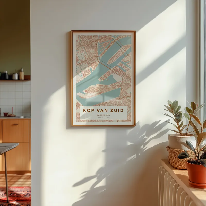 Kop van Zuid, Rotterdam: poster in Terracotta, in een voorbeeldkamer