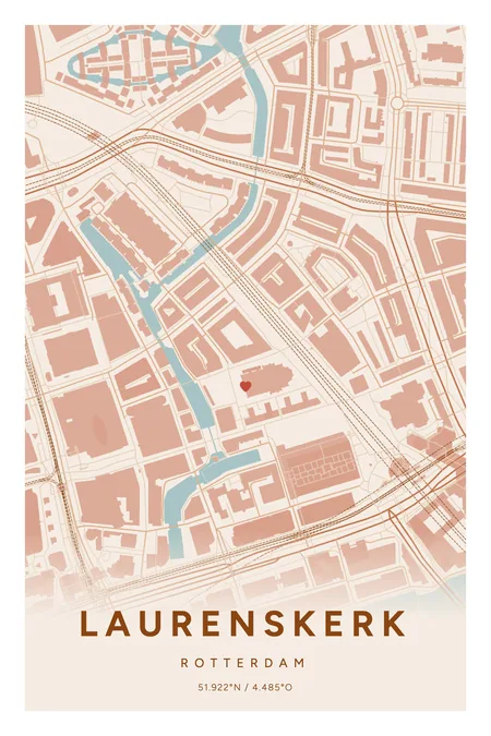 Laurenskerk, Rotterdam: poster in Terracotta, indeling Verloop, 20 × 30, met een hart op de plek