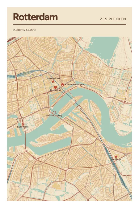 Rotterdam: poster in Nautisch, met 6 plekken gemarkeerd: Erasmusbrug, Markthal, Euromast, Kubuswoningen, De Kuip, Laurenskerk