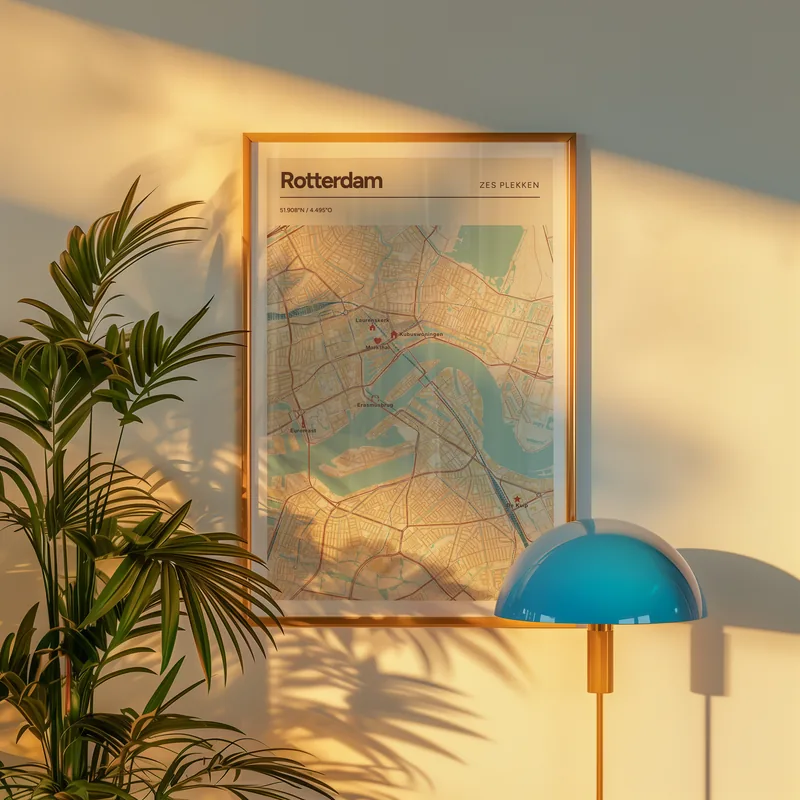 Rotterdam: poster in Nautisch, met 6 plekken gemarkeerd: Erasmusbrug, Markthal, Euromast, Kubuswoningen, De Kuip, Laurenskerk, in een voorbeeldkamer
