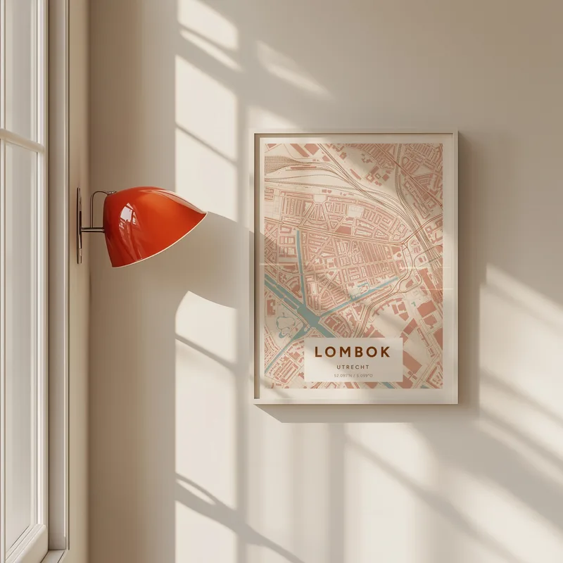 Lombok, Utrecht: poster in Terracotta, in een voorbeeldkamer