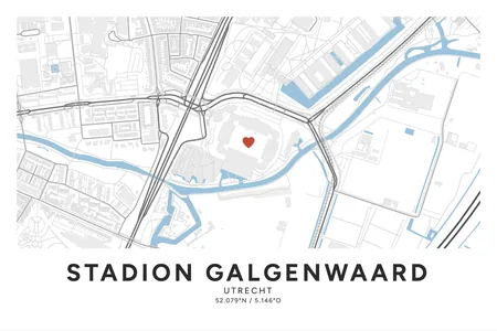 Stadion Galgenwaard, Utrecht: poster in Steen, indeling Klassiek, 40 × 60 liggend, met een hart op de plek
