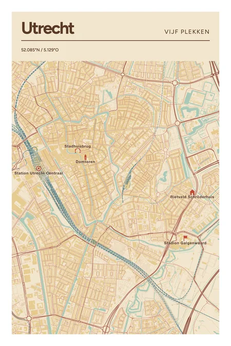 Utrecht: poster in Nautisch, met 5 plekken gemarkeerd: Domtoren, Station Utrecht Centraal, Stadhuisbrug aan de Oudegracht, Rietveld Schröderhuis, Stadion Galgenwaard