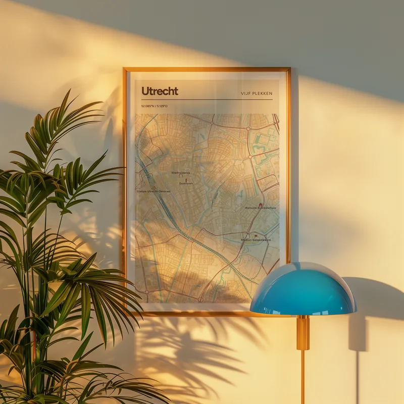 Utrecht: poster in Nautisch, met 5 plekken gemarkeerd: Domtoren, Station Utrecht Centraal, Stadhuisbrug aan de Oudegracht, Rietveld Schröderhuis, Stadion Galgenwaard, in een voorbeeldkamer