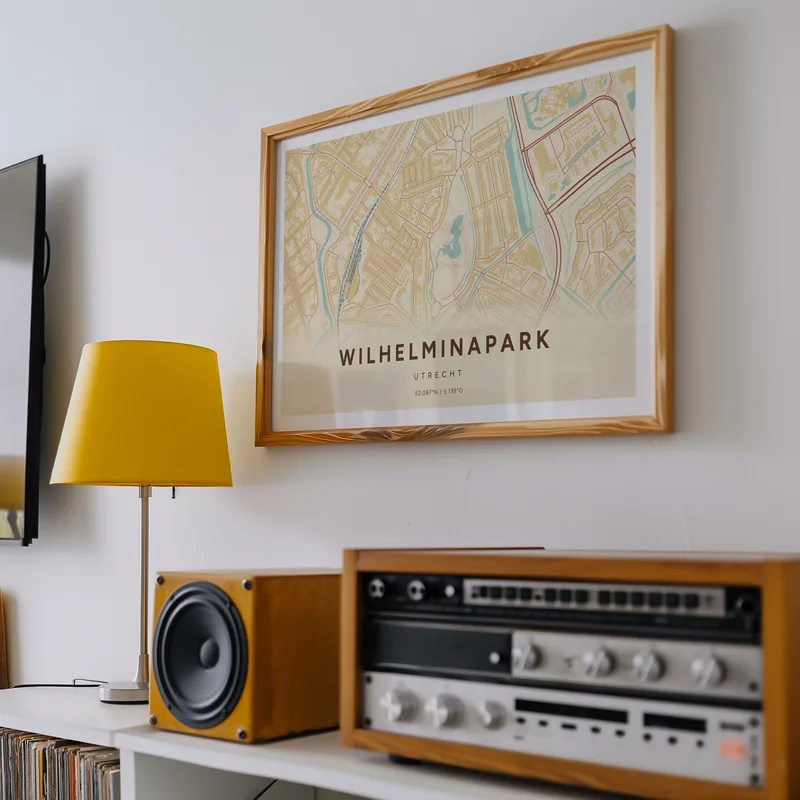 Aan de muur boven een oude versterker en een gele lamp: de poster Wilhelminapark in Nautisch in een voorbeeldkamer