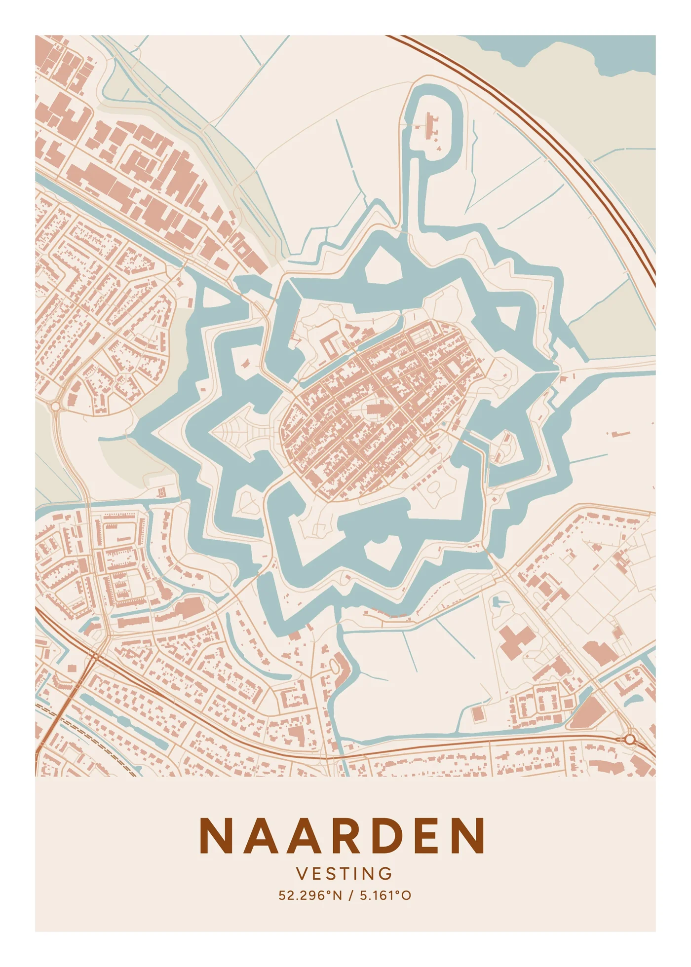 Kaartposter van Naarden, de vesting, thema Terracotta, 50 × 70 cm