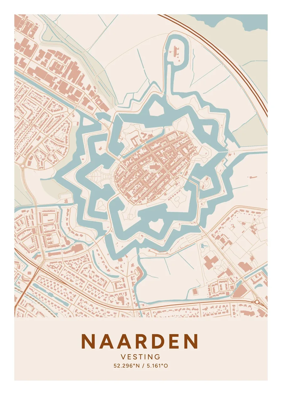 Kaartposter van Naarden, de vesting, thema Terracotta, 50 × 70 cm