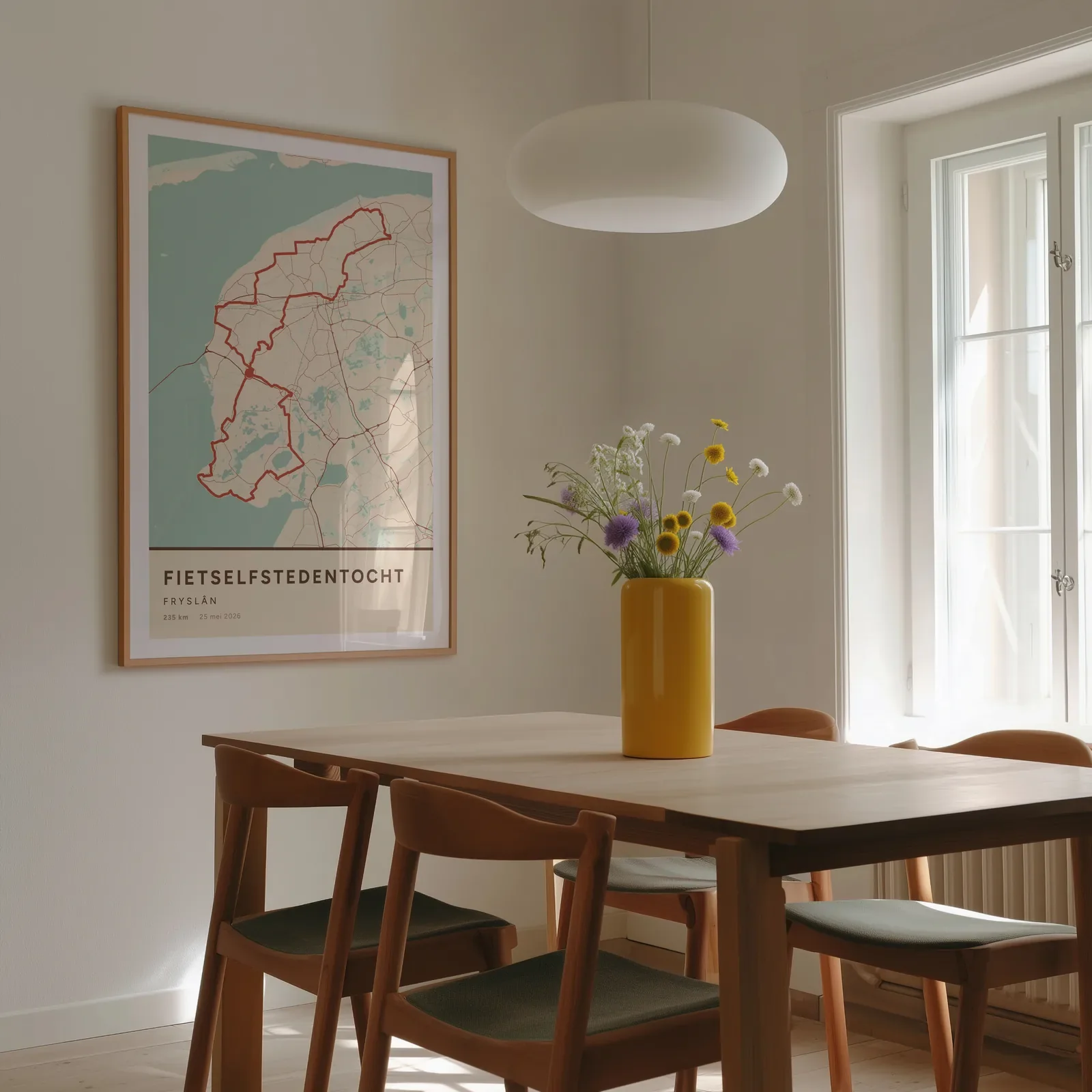 De poster van de Fietselfstedentocht in Nautisch aan de muur van een lichte eetkamer, boven een houten tafel met een vaas bloemen