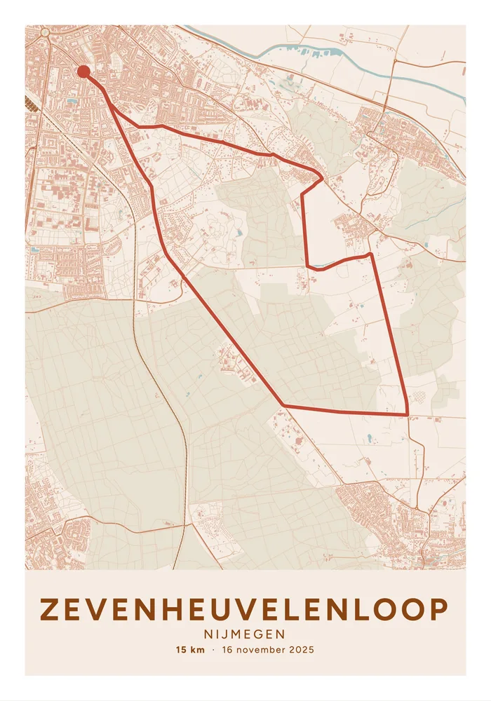 Poster van de Zevenheuvelenloop in Terracotta: de route van 15 km bij Nijmegen in rood