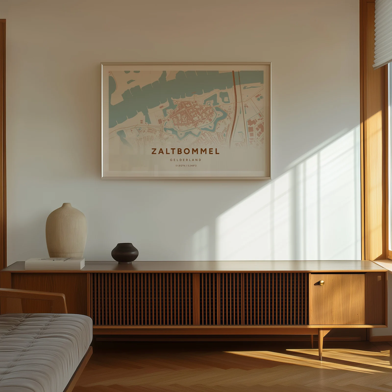 De poster van Zaltbommel in Terracotta, liggend in een lichte lijst aan de muur boven een houten dressoir met twee vazen, in zijlicht